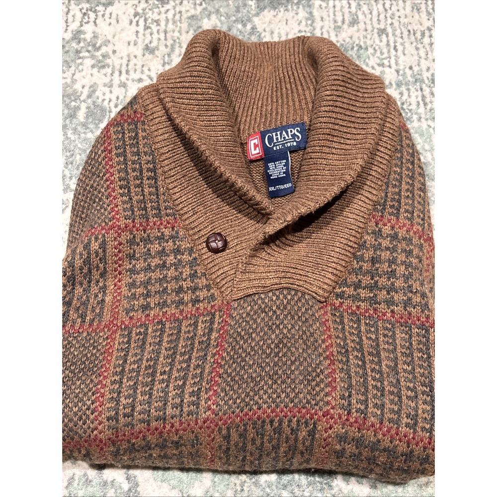 Vintage Chaps brown plaid shawl collar sweater XXL Plaid Design
